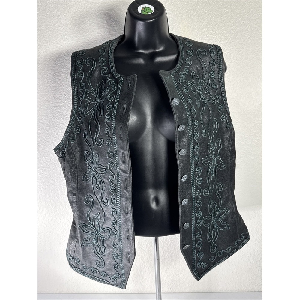 Vintage Double D Ranch Black Leather Turquoise Floral Embroidered Vest Medium